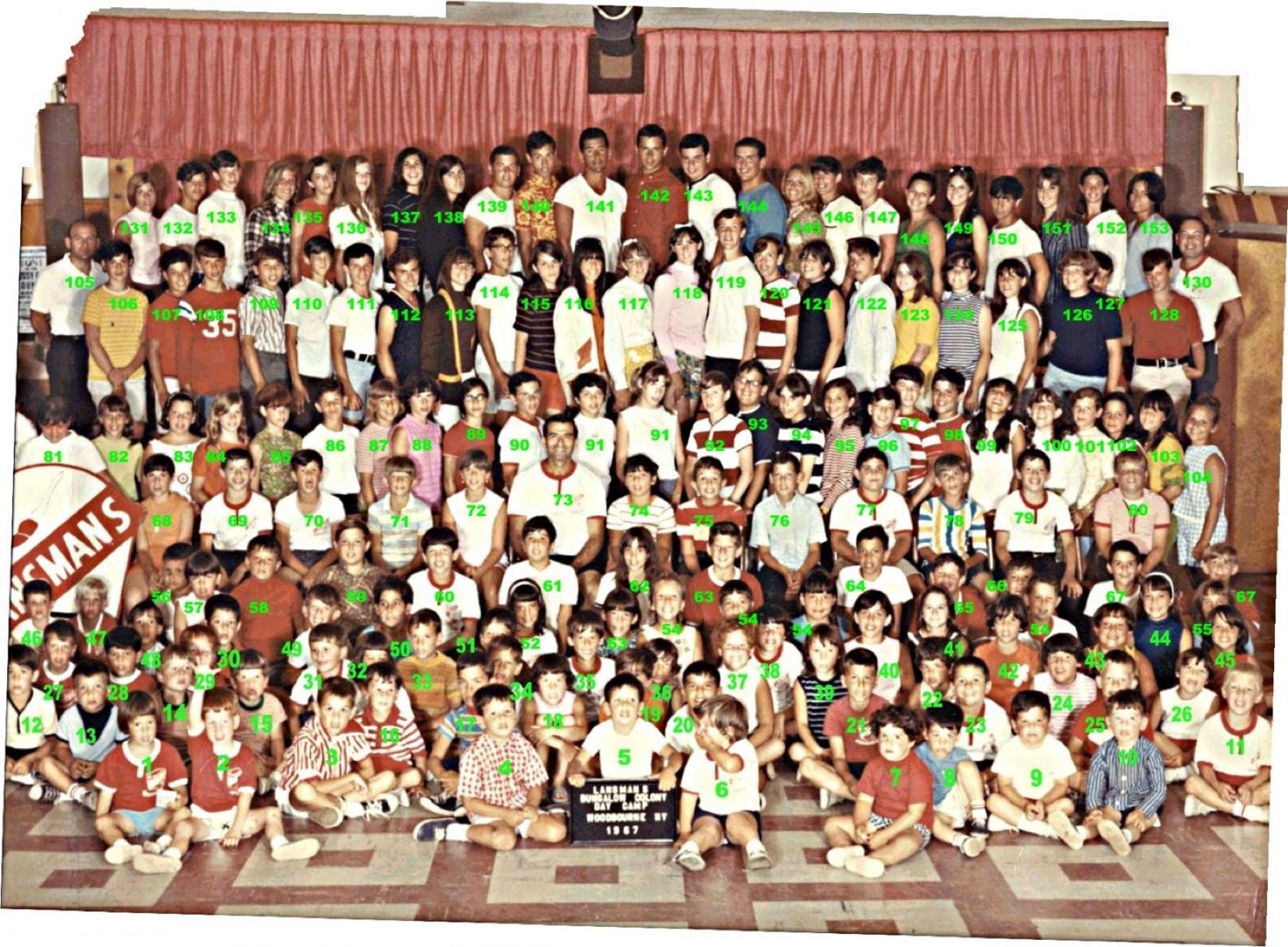 1967 Lansman's Day Camp group photo, campers and counselors numbered
